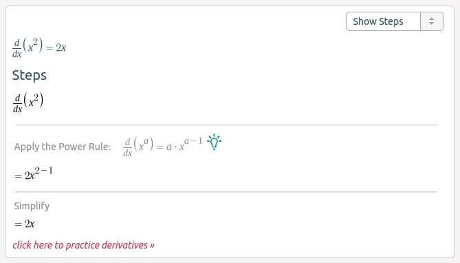 A snippet from Symbolab.com showing the derivative of x (squared) Calculus 1