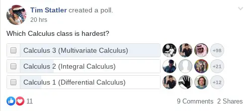 Poll of 140 people asked: "Which Calculus Class is the hardest?" (Hardest Calculus Class)