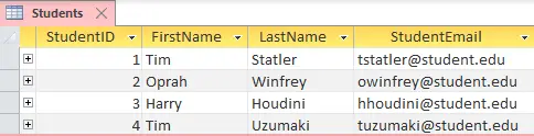 primary key for student table in database